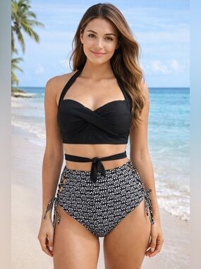 SUNDAZED Black High Waisted Bikini Set Lace Up Sides Padded Top NWOT Small